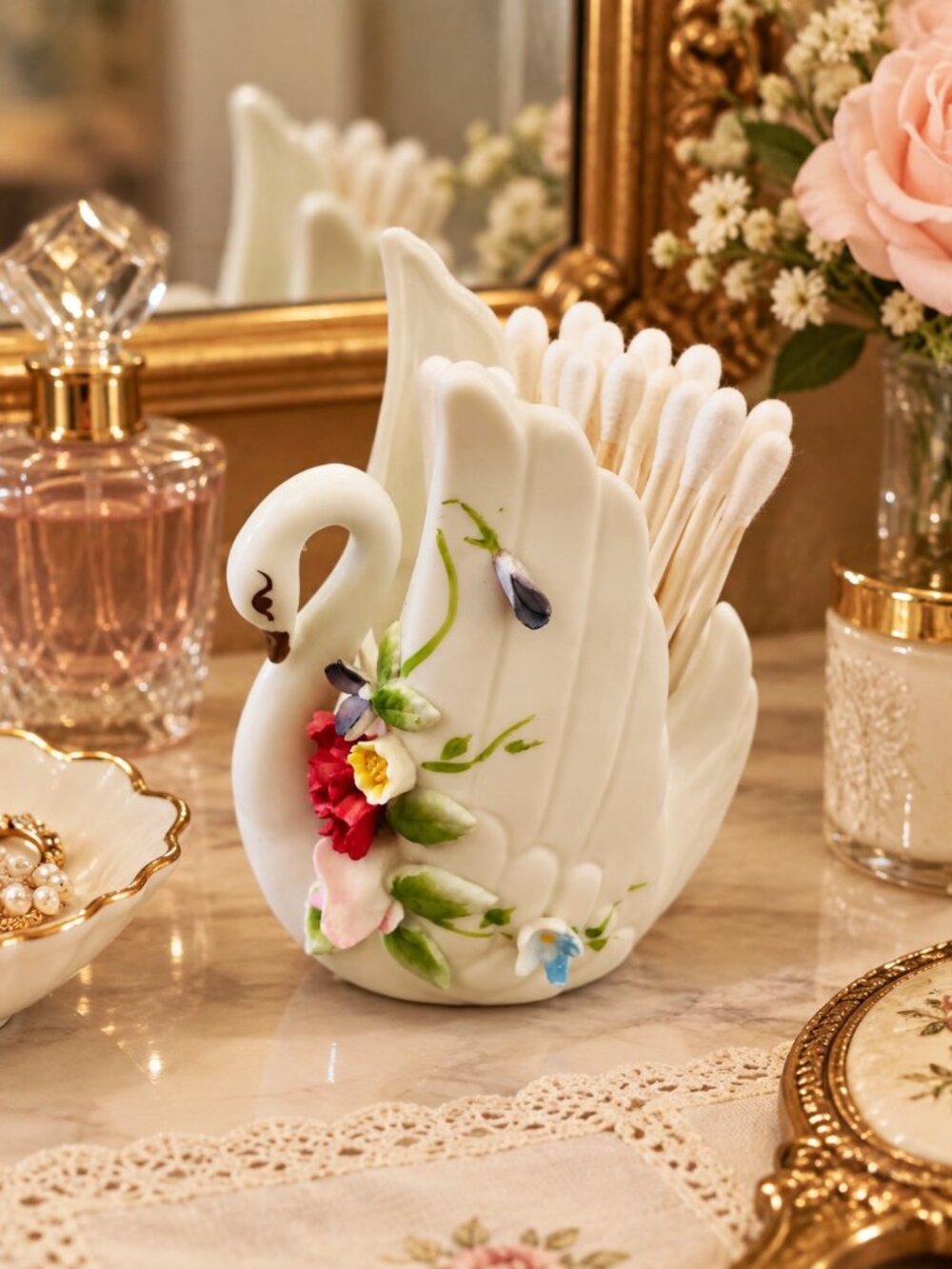 Swan Trinket Dish with Roses – Porcelain Figurine Planter #PR-39C SHIPS FREE